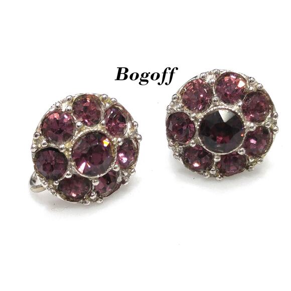 Bogoff Jewelry - Bogoff Purple Rhinestone Screw Back Earrings, Rhodium Plated, 1940s Vintage